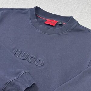 HUGO Sweatshirt Pullover Mens M Blue Crew Neck Embossed Logo Fleece Long Sleeve